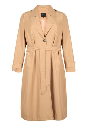 Beige trenchcoat tot op de knie met brede revers, enkele knoopsluiting, tailleceintuur, lange mouwen met manchetten en zijzakken.