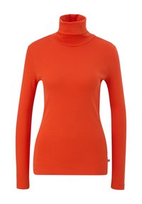 Oranje coltrui met lange mouwen, gemaakt van zacht breiwerk. Heeft een aansluitend ontwerp en een gladde textuur.