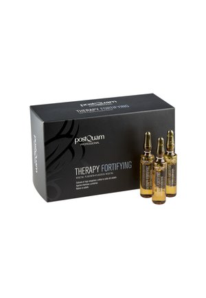 Caja de tratamiento capilar fortificante postQuam Therapy con tres pequeñas ampollas de vidrio ámbar que contienen fórmula de placenta vegetal.