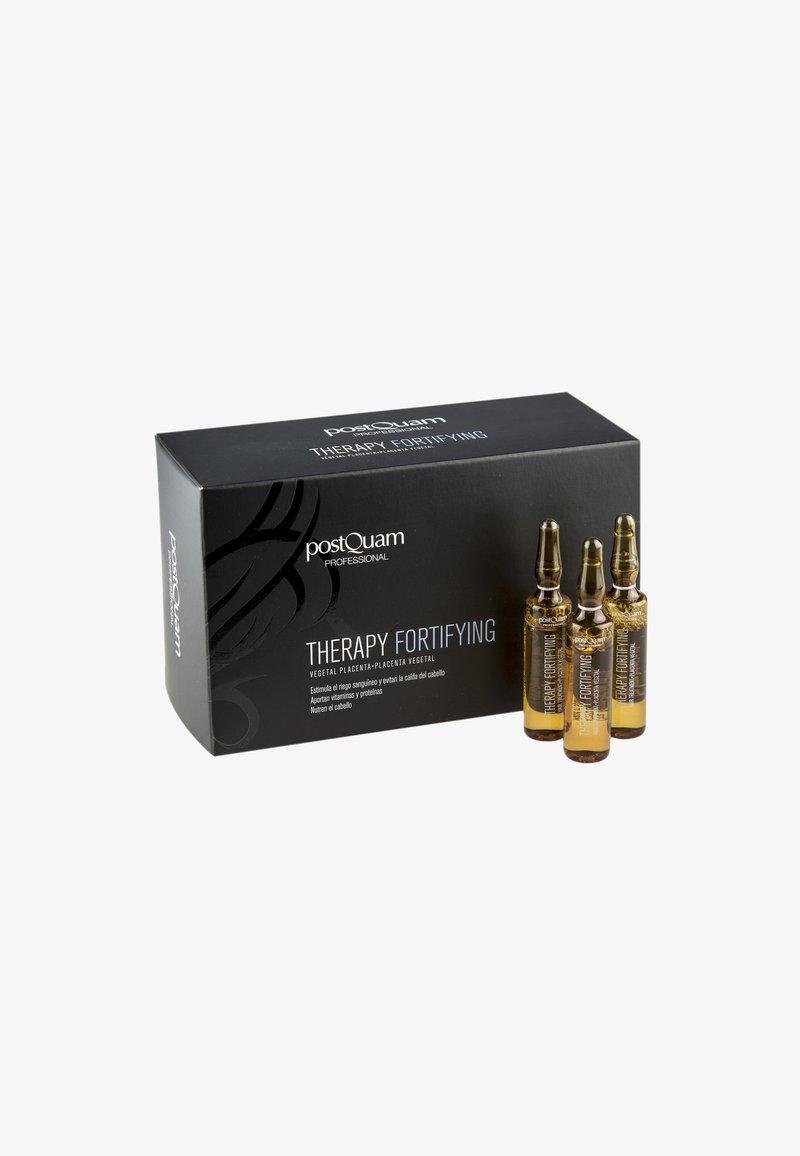 Caja de tratamiento capilar fortificante postQuam Therapy con tres pequeñas ampollas de vidrio ámbar que contienen fórmula de placenta vegetal.