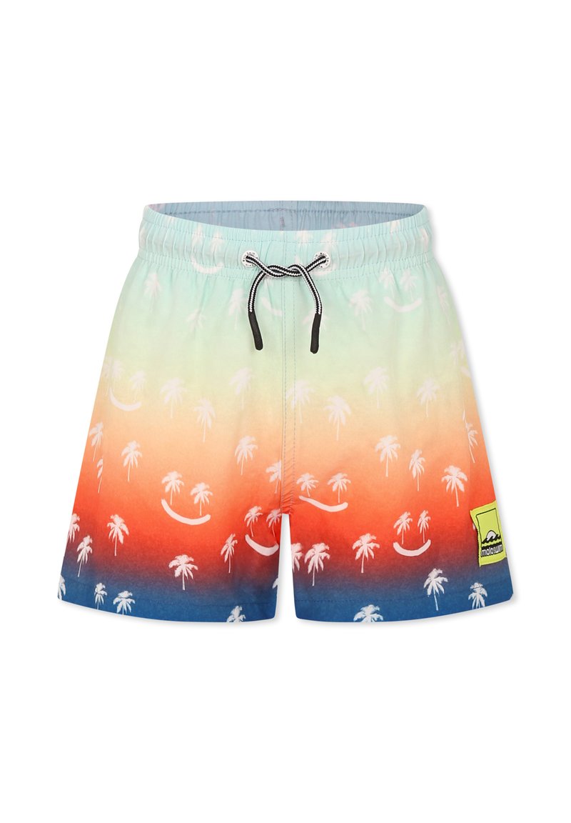 Simshorts med en gradient från ljusblå till orange, mönster av palmer och svart dragsko med plastspets. Inkluderar en gul logotypapplikation.