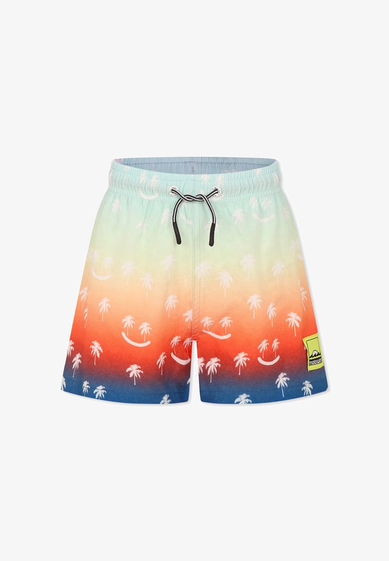 Costume da bagno con una sfumatura dal blu chiaro all'arancione, motivi di palme e cordoncino nero con punta in plastica. Include un'etichetta con logo giallo.