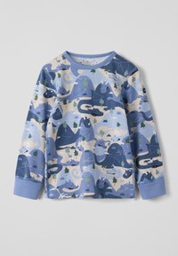 Langarm katoenen shirt met een blauw en beige draak en bergafdruk, voorzien van geribde manchetten en een ronde halslijn.