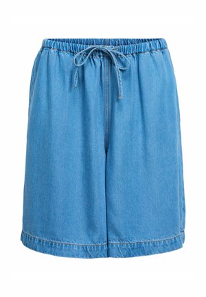 Lichtblauwe denimshort met elastische tailleband en vooraan koord, losse pasvorm en zichtbare stiksels aan zoom en tailleband.