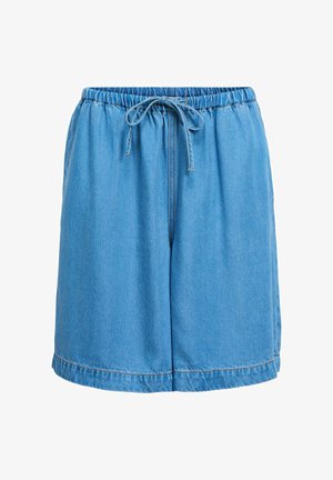 Lichtblauwe denimshort met elastische tailleband en vooraan koord, losse pasvorm en zichtbare stiksels aan zoom en tailleband.