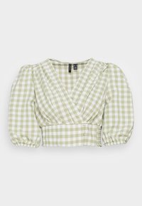 Blusa xadrez verde e branca com mangas bufantes, decote em V e fecho com botões. Feita de tecido leve, com cintura ajustada.