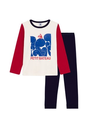 Long-sleeve pajama set with cream top featuring a blue graphic and red sleeves; navy pants complete the outfit, made from soft fabric.