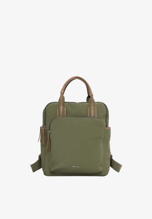 Sac à dos vert olive avec poignées marron, poche zippée à l'avant, poches latérales et bretelles réglables.