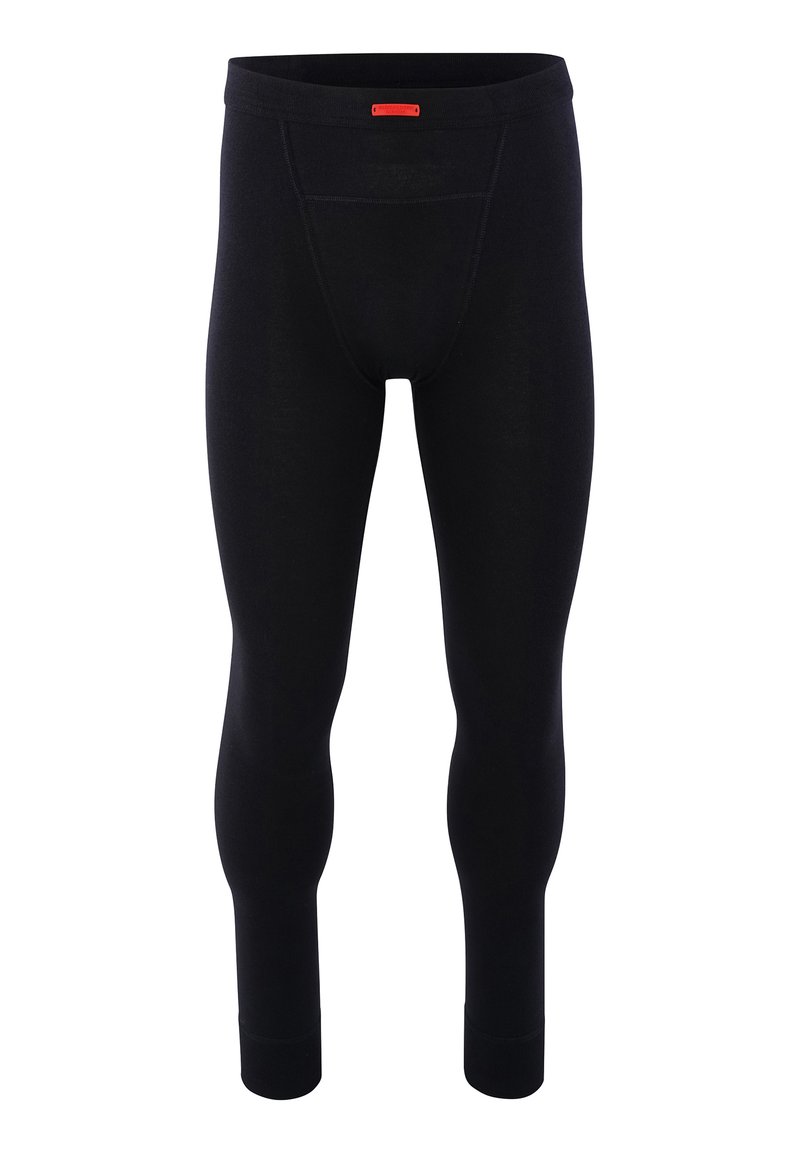 Schwarze thermische Leggings mit einer taillierten Form, elastischem Bund und mittlerer Dicke. Verfügt über eine dezente Vordertasche und eine glatte Textur.