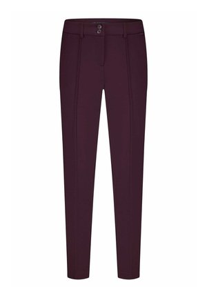Bordeaux slim-fit broek met een gladde textuur, voorzien van een knoopsluiting, twee voorkzakken en subtiele verticale naden.