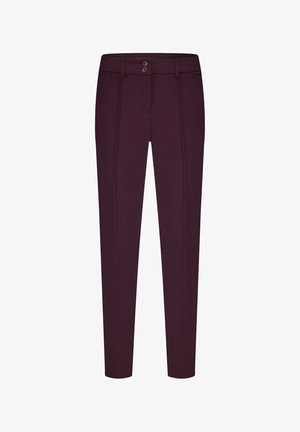 Bordeaux slim-fit broek met een gladde textuur, voorzien van een knoopsluiting, twee voorkzakken en subtiele verticale naden.