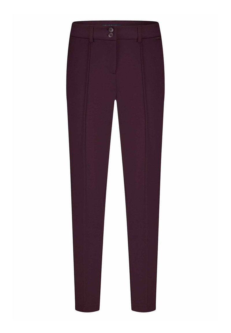 Bordeaux slim-fit broek met een gladde textuur, voorzien van een knoopsluiting, twee voorkzakken en subtiele verticale naden.
