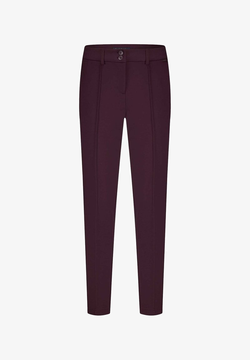 Bordeaux slim-fit broek met een gladde textuur, voorzien van een knoopsluiting, twee voorkzakken en subtiele verticale naden.