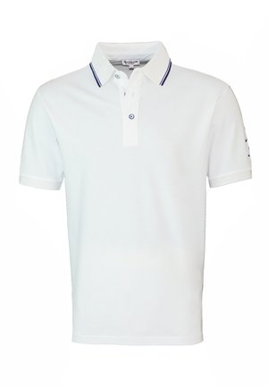 Hvid bomulds polo shirt med krave, to-knaps lukning og blå stribede accenter på kraven og ærmerne.