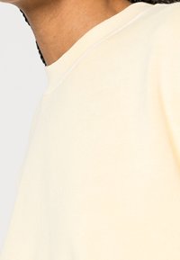 Jasnobeżowa bluza z okrągłym dekoltem, ściągaczami na mankietach i miękką fakturą, z detalami szwów wzdłuż krawędzi.