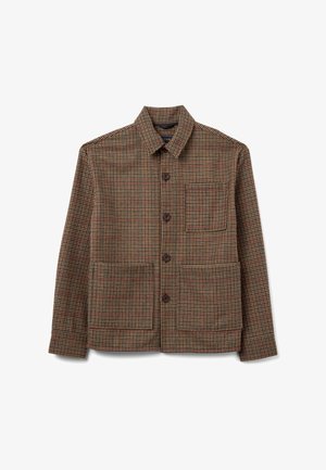 Braun karierter Blazer aus strukturiertem Stoff. Mit einem kragenförmigen Ausschnitt, vier vorderen Taschen und braunen Knöpfen zum Schließen.