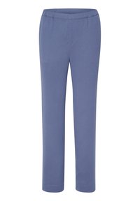 Blå, byxor med elastisk midja gjorda av mjukt tyg, med rak ben-design och utan synliga mönster eller metalldelar. Slät textur överallt.