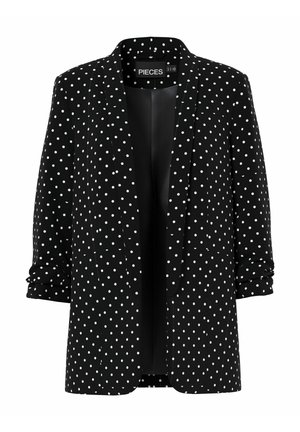 Blazer negro con lunares blancos, solapas con muesca, cierre de un botón, mangas enrolladas, tejido ligero, textura suave y sin forro.