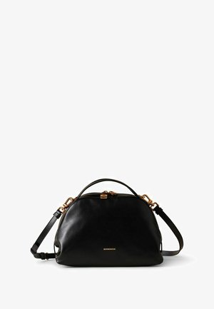 Sac à main en cuir noir avec quincaillerie dorée, poignée supérieure, bandoulière réglable et logo Borbonese sur le devant.