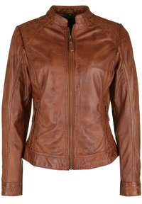 Braune Lederjacke mit hohem Kragen, einem Frontreißverschluss und zwei seitlichen Taschen. Mit strukturierten Einsätzen an den Schultern und genähten Akzenten.