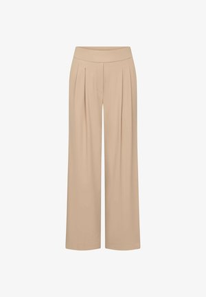 Beige High-Waist-Hose mit weitem Bein, vorne mit Falten und einem glatten Bund.