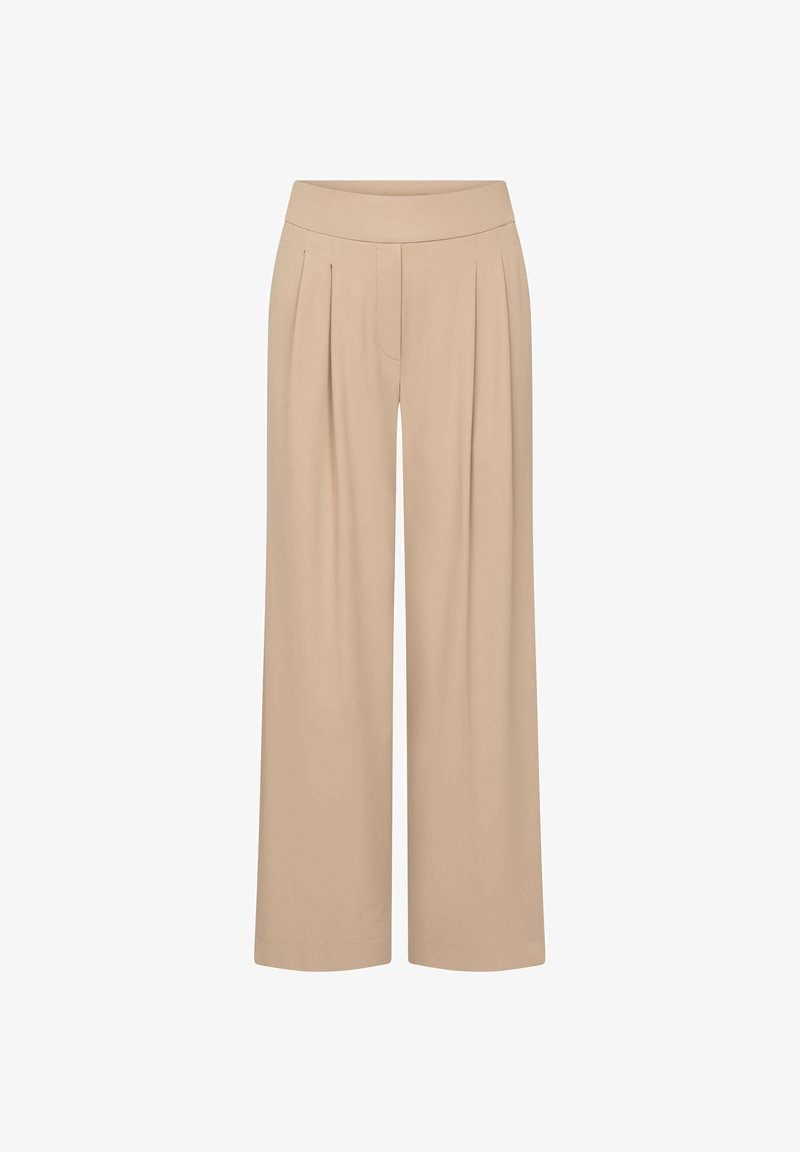 Beige high-waist wide-leg trousers with pleats at the front and a smooth waistband.
