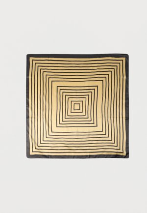 Square silk scarf with beige background and black concentric squares creating a geometric pattern.