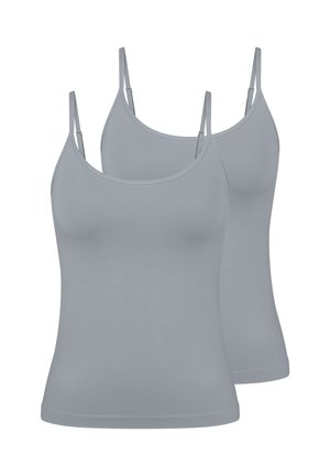 Dwa szare topy na ramiączkach z cienkimi regulowanymi paskami, zaokrąglonym dekoltem i dopasowanym krojem. Wykonane z gładkiej mieszanki bawełny.