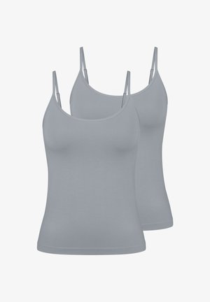 Deux débardeurs gris avec fines bretelles réglables, un col arrondi et une coupe ajustée. Confectionnés dans un mélange de coton lisse.