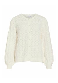 Cardigan en tricot crème avec bords festonnés, boutons nacrés, manches longues bouffantes et un délicat motif ajouré.