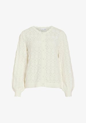 Kremfarget strikket cardigan med bølgete kanter, perleaktige knapper, lange puffede ermer og et delikat hullmønster.