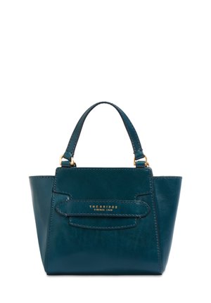 Borsa in pelle color acqua con doppi manici, corpo rettangolare e logo in oro "The Bridge Firenze 1969" sul dettaglio della fascia frontale.