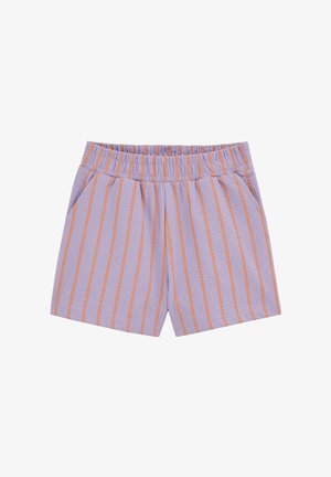 Lilla shorts med lodrette orange striber, elastisk talje og sidelommer, lavet af tekstureret stof.