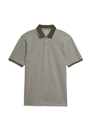 Grå polo skjorta i bomullsblandning, med en mörkgrön krage och ärmslips med vit piping och två knappar.