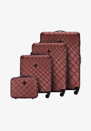 Set of four hard-shell suitcases in dark maroon, featuring a diamond-patterned texture, retractable handles, and spinner wheels.