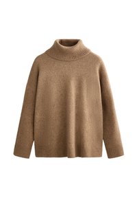Maglione a collo alto lavorato a maglia marrone con colletto e polsini a coste. Silhouette morbida e ampia con una texture liscia e design senza cuciture.