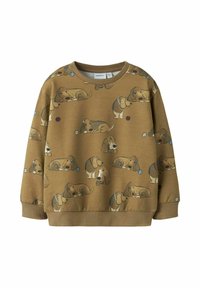 Bruine sweatshirt met een all-over print van cartoon dashonden in verschillende poses, geribde manchetten en een ronde halslijn.