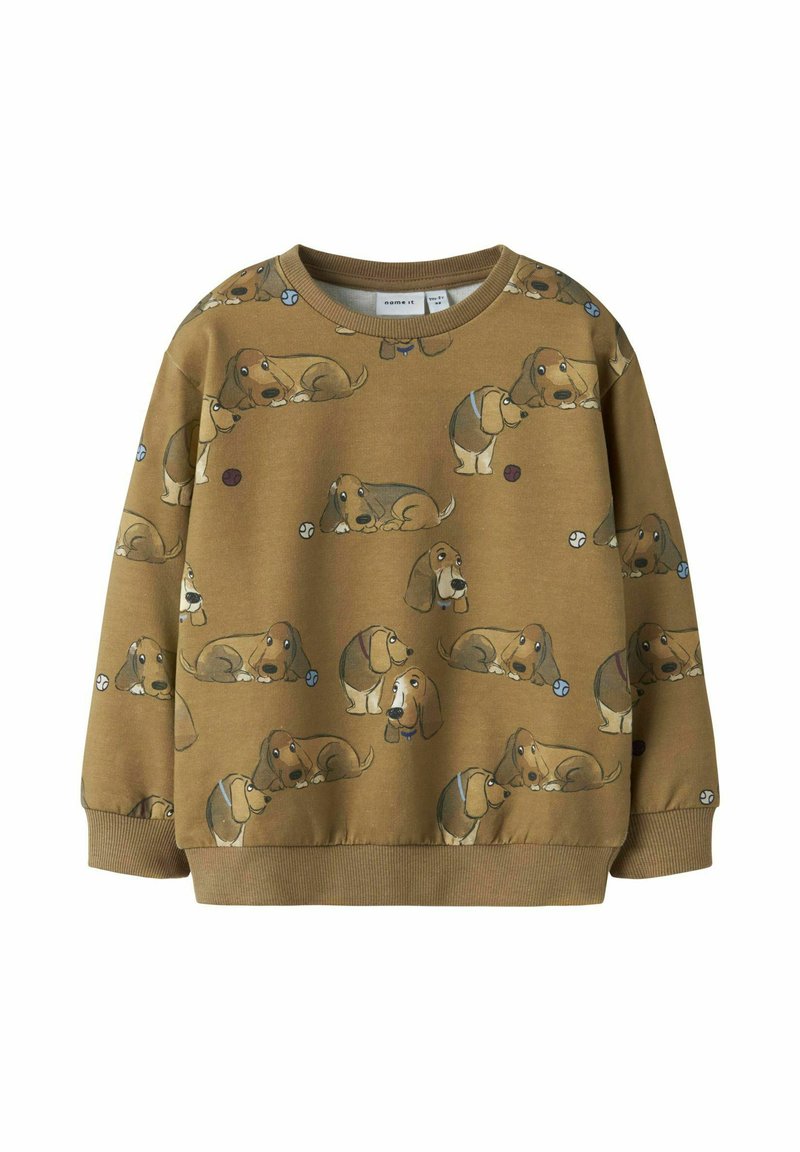 Bruine sweatshirt met een all-over print van cartoon dashonden in verschillende poses, geribde manchetten en een ronde halslijn.