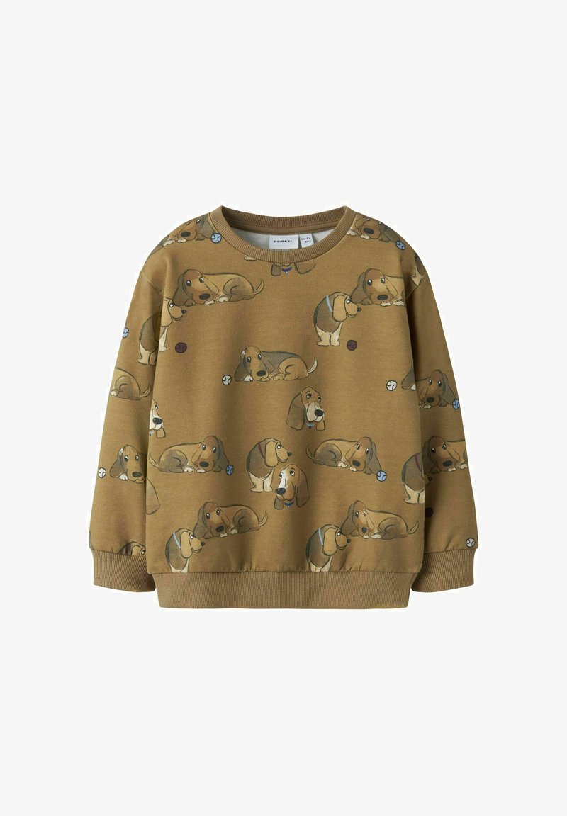 Sudadera marrón con un estampado de salchichas de dibujos animados en varias poses, puños acanalados y un cuello redondo.