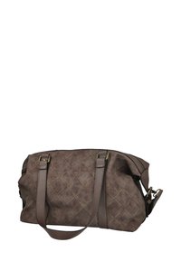 Bolso de cuero marrón con un patrón acolchado, doble asa y cierre con cremallera. Presenta acentos de metal y un interior espacioso.