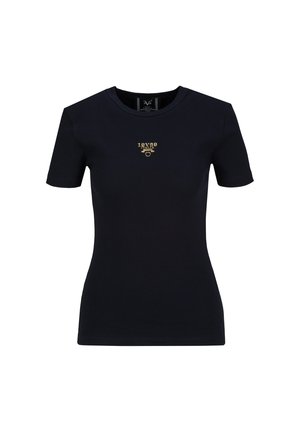 Schwarzes eng anliegendes Kurzarm-T-Shirt mit Rundhalsausschnitt und kleinem goldfarbenem Textlogo "1978 Italia" auf der Brust.