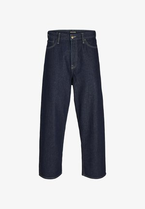 Dunkelblaue Denim-Hosen mit weitem Bein und mittelhoher Taille, ausgestattet mit gelben Nähten, einem vorderen Knopfverschluss und klassischem Fünf-Taschen-Design.