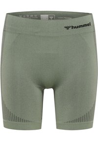 Zielone sportowe szorty wykonane z teksturowanej tkaniny. Posiadają ryflowany pas oraz perforowane akcenty po bokach. Logo Hummel na pasie.