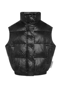 Black puffer vest with high collar, snap buttons, and elastic hem. Features two front pockets and a brand label on the side.