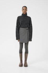 Gray striped turtleneck sweater, gray wrap skirt with button, gray leggings, and brown knee-high rubber boots. Simple and functional ensemble.
