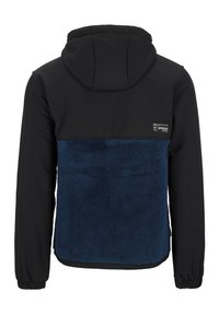 Hooded jacket with a black top section and navy blue fleece lower section; features elastic cuffs and a branded label on the back.