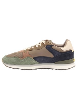 Suede and mesh sneaker in green, brown, and navy. Features a padded collar, white laces, and a rubber sole with a contrasting heel accent.
