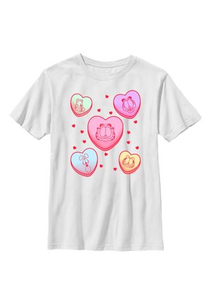 Weißes T-Shirt mit fünf bunten Herformen mit Garfield-Gesichtern und dazwischen verstreuten kleinen roten Herzen.