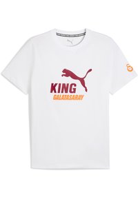 Camiseta de algodón blanca con el texto "KING" y "GALATASARAY" en color granate y naranja, con un logo de Puma en granate y un acento naranja en la manga.