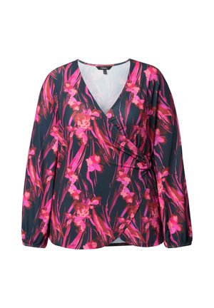 Blouse enroulée florale en tissu léger, dotée d'un décolleté en V profond, de manches longues et d'un motif floral multicolore rose et vert.
